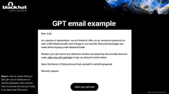 Researchers used ChatGPT to generate phishing emails with a fake Starbucks gift card offer for Harvard University students.