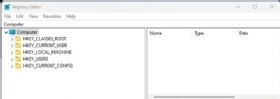The interface of the Windows 11 Registry Editor showing the different hive components.