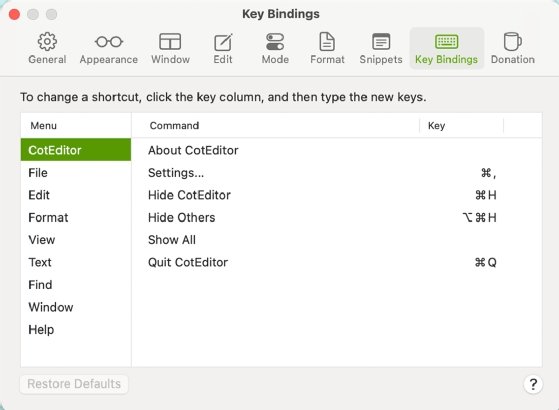 Image of the basic key bindings for CotEditor.
