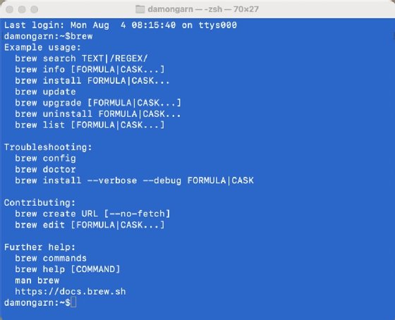 Image showing help and usage information for the Homebrew package manager.