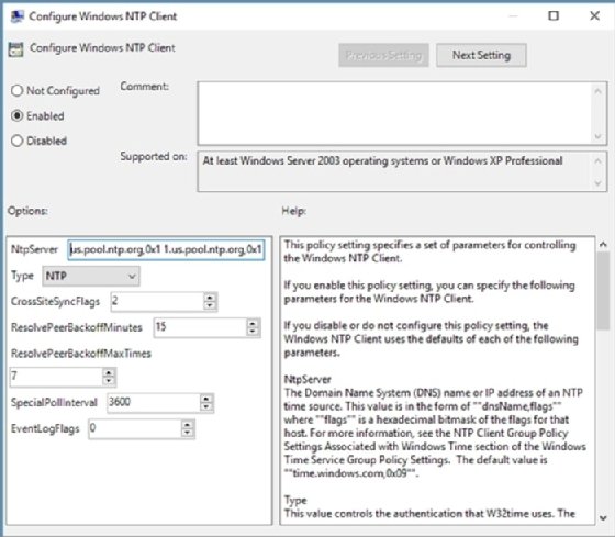 NTP server settings