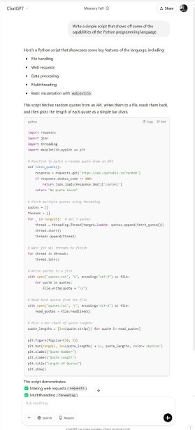 User prompts ChatGPT to output Python script capabilities.
