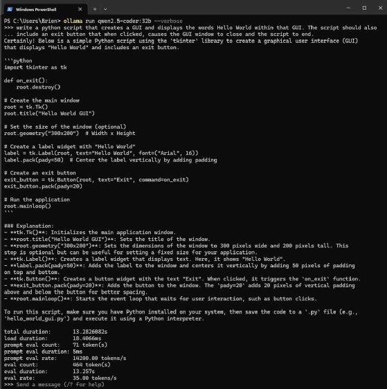 Qwen2.5-coder is prompted to write a Python script and outputs code for the application.