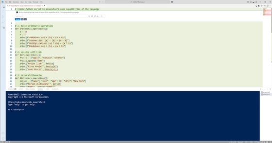 User prompts GitHub Copilot to demonstrate Python script coding capabilities using VS Code.