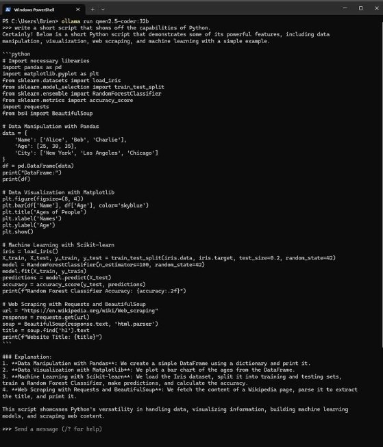 Qwen2.5-coder runs Python script through PowerShell.
