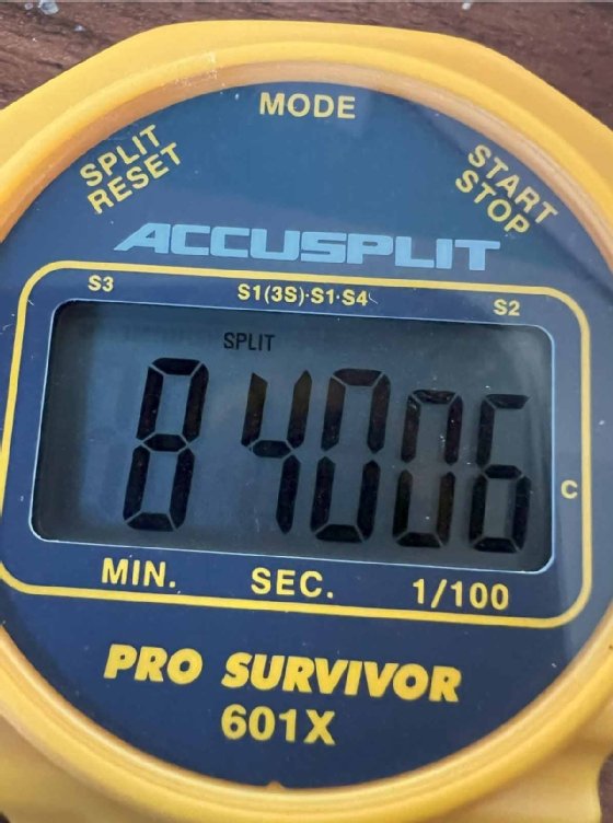 Image of ACCUSPLIT timer stopped at eight min. 40 sec. and 6 one hundredth of a second.