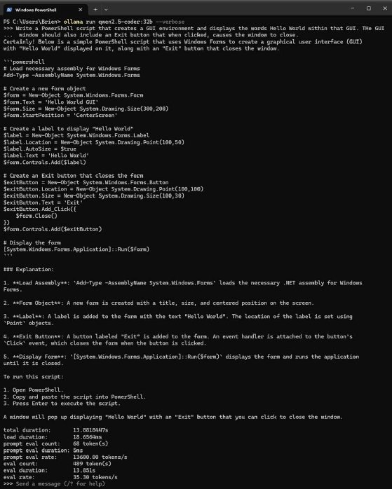 Qwen2.5-coder is prompted to write a PowerShell script and outputs code for the application.