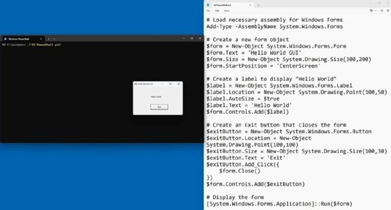 Desktop screengrab of PowerShell script and resulting right-aligned 