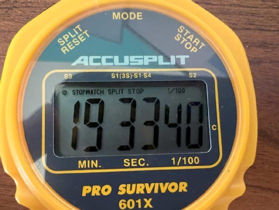 Image of ACCUSPLIT timer stopped at 19 min. 30 sec. and 40 one hundredth of a second.