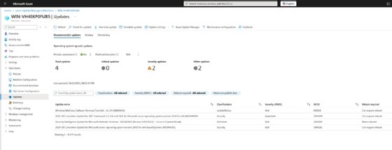 A menu in Azure Update Manager showing the recommended updates for the selected VM.