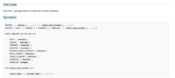 PostgreSQL data vacuuming functions.