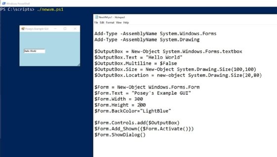 PowerShell dashboard showing code blocks and resulting 