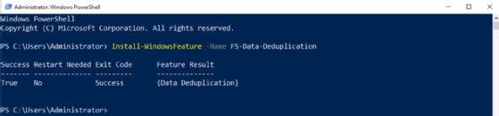 A screenshot showing PowerShell installing data deduplication.