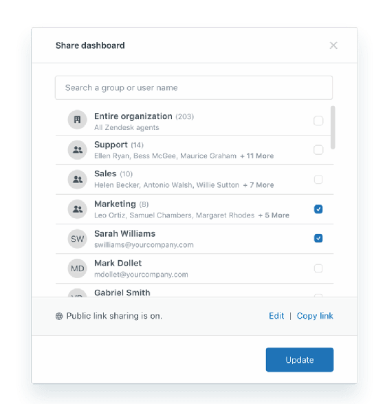 Zendesk Explore sharing menu screenshot