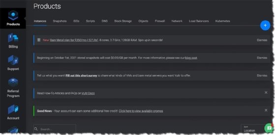 Figure 1. The Vultr user interface.