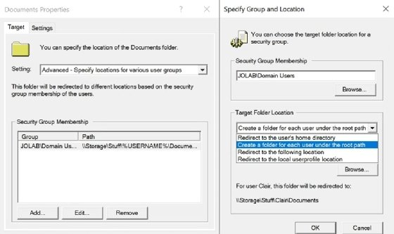 Group Policy interface showing target folder location settings for redirected folders.