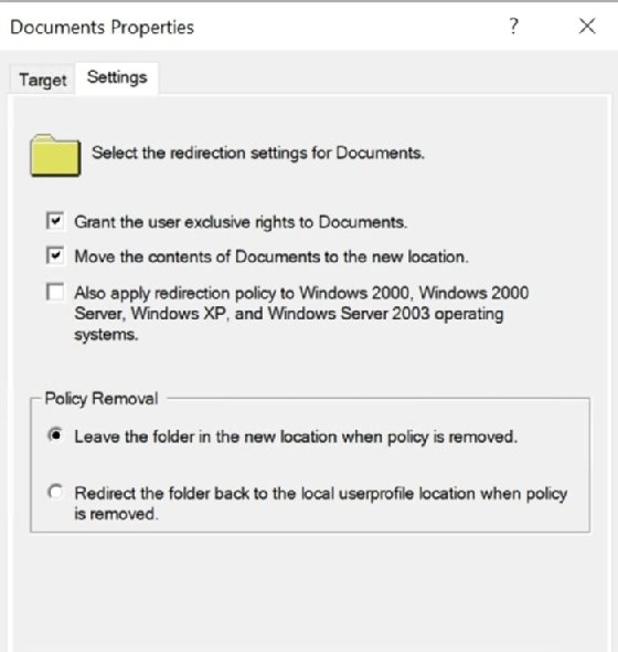 Group Policy interface showing detailed folder redirection settings for selected folders.