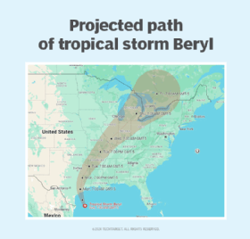 Tropical storm Beryl's projected path