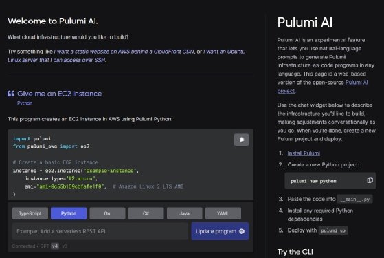 Screenshot of Pulumi AI's interface for infrastructure as code.
