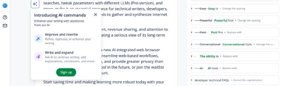 Screenshot of the QuillBot AI Grammar Checker with AI commands pop-up suggesting enhancements to the example text.
