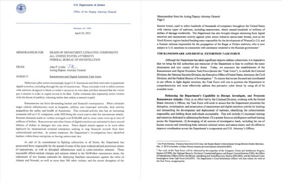 The DOJ's memo announcing the Ransomware and Digital Extortion Task Force