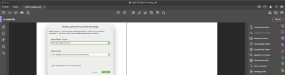 A screenshot of Adobe Acrobat's pop-up for enabling certain Reading Options.