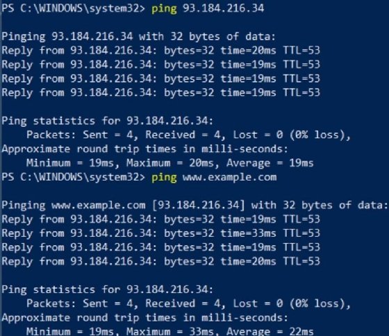 Screenshot showing how ping commands confirm connectivity and name resolution.