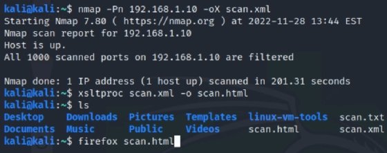 Screenshot showing Nmap results in XML and how to convert XML to HTML