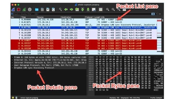 Screen capture of the Wireshark interface showing packet information.