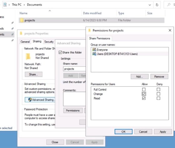 Screenshot showing Windows Share permissions and group memberships.