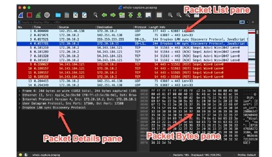 Screenshot showing Wireshark's three primary windows