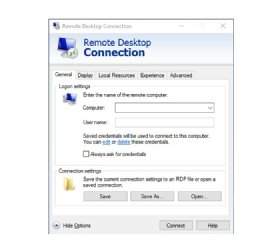 The Remote Desktop Connection menu showing the general settings tab.