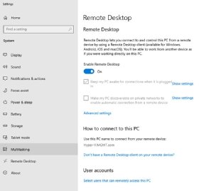 The Remote Desktop settings on a Windows machine within the Multitasking tab.