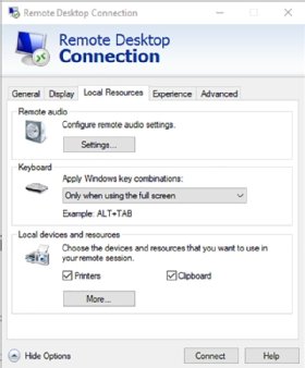 Remote Desktop Connection client showing the Local Resources tab and keyboard setting.
