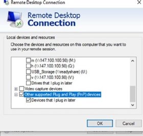 The Windows OS client for Remote Desktop Protocol showing the option to detect Plug and Play devices checked off