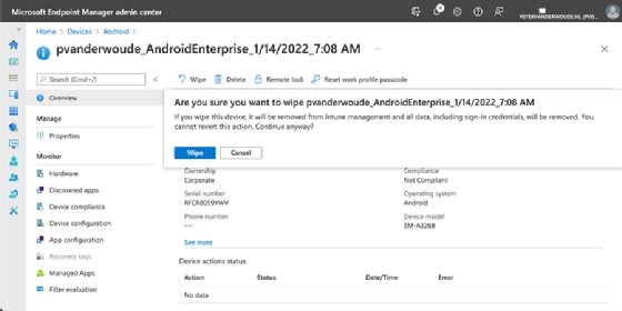 Android device screen with confirmation dialog box confirming whether to wipe the device.