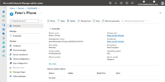 The screen for a specific device in Microsoft Endpoint Manager