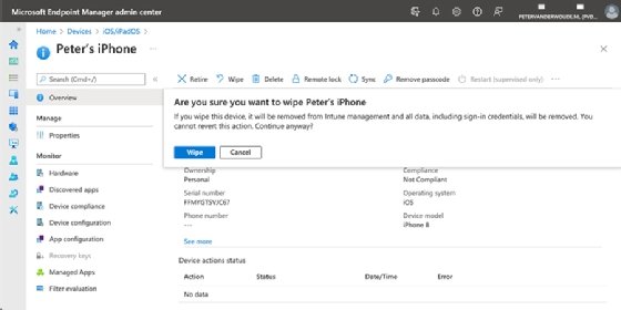 The screen for a specific device in Microsoft Endpoint Manager, with the confirmation dialog box confirming whether to wipe the device.