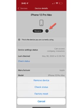 The 'Device details' screen in Intune Company Portal, with an arrow indicating where to remove, factory reset or check the status of a device.