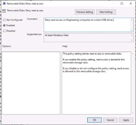 Screenshot of setting deny read access to removable disks in AD