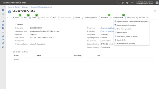 The Intune admin center showing the details of a specific Windows device