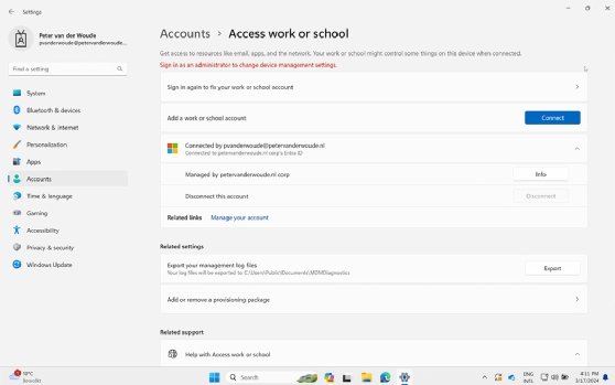 indows Settings app showing the Access work or school page with a connected work account and the Disconnect option.