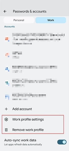 Android settings screen showing that a work profile is present on the device.