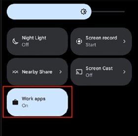Android interface showing the work profile toggle turned on.