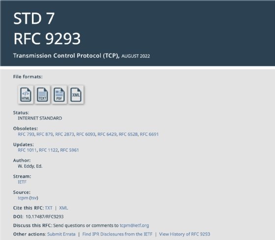 Listing for the final RFC 9293 Transmission Control Protocol (TCP) Internet Standard.