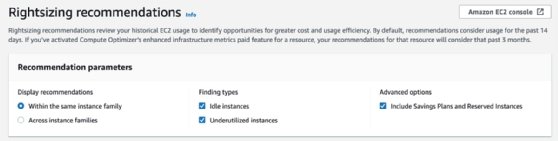 Screenshot of rightsizing recommendations.