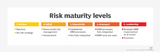 Illustration of the Minsky risk maturity model, which ranks organizations from level one, ad hoc, to level five, leadership.