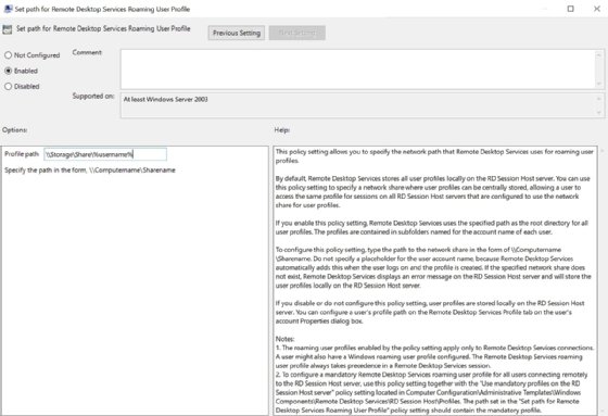 Group Policy interface showing the profile path setting for Remote Desktop Services roaming user profiles.