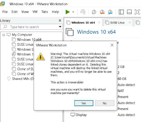 Screenshot of VMware Workstation VM deletion warning dialog box