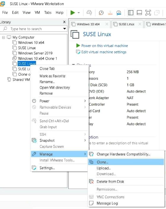 Screenshot of VM cloning process in VMware Workstation
